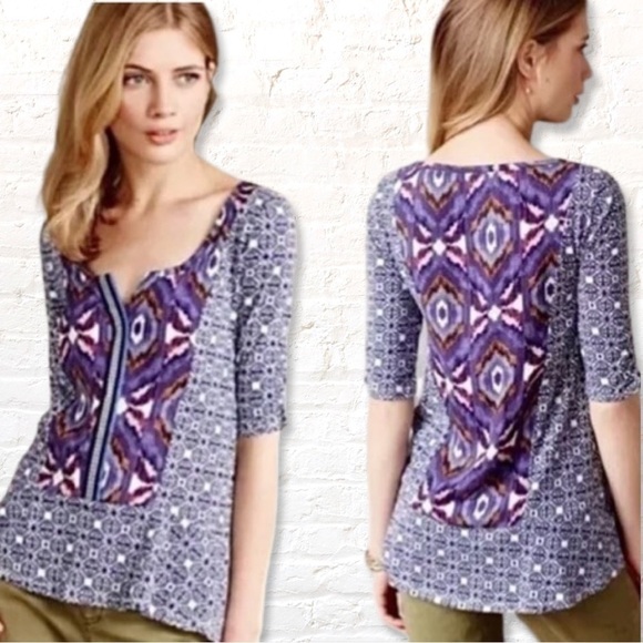 Anthropologie Akemi + Kim Ikat Kaleidoscope Blouse Size Medium Blue Boho Top - Picture 9 of 10